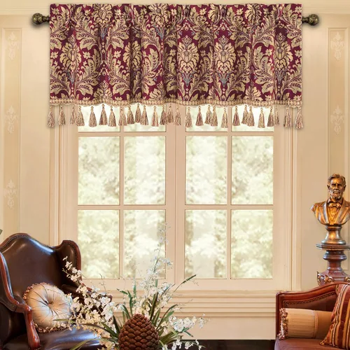Vista 23 de Loom and Mill Cenefas de jacquard de lujo para ventana de sala de estar, elegante cenefa de cortina de damasco beige con ribete de cuentas, cortina