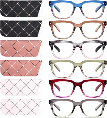 Vista 13 de Paquete de 6 lentes de lectura de moda para mujeres y hombres, bloqueo de luz azul, lectores cuadrados de gran tamaño con bisagra de resorte