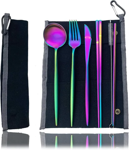 Vista 29 de JASHII Juego de cubiertos de viaje de acero inoxidable, tenedor, cuchara, cuchillo, pajilla, cubiertos reutilizables con estuche, juego de Rosa