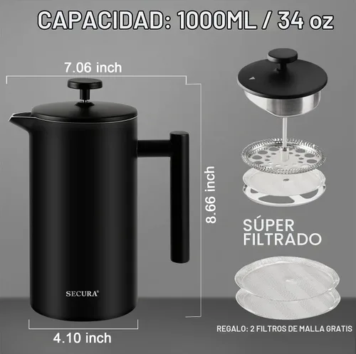 Vista 3 de Secura Cafetera de prensa francesa con filtro de acero inoxidable de 3 capas, 34 onzas, negro, diseño aislado de doble pared con 2 filtros