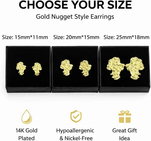 Vista 3 de Aretes de pepita de oro para hombre, chapados en oro de 14 quilates, con Nugget