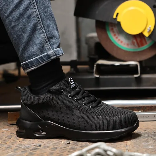 Vista 8 de GLANOUDUN Zapatos de punta de acero para hombre, ligeros, con amortiguación de aire, zapatos de trabajo de seguridad indestructibles, zapatos