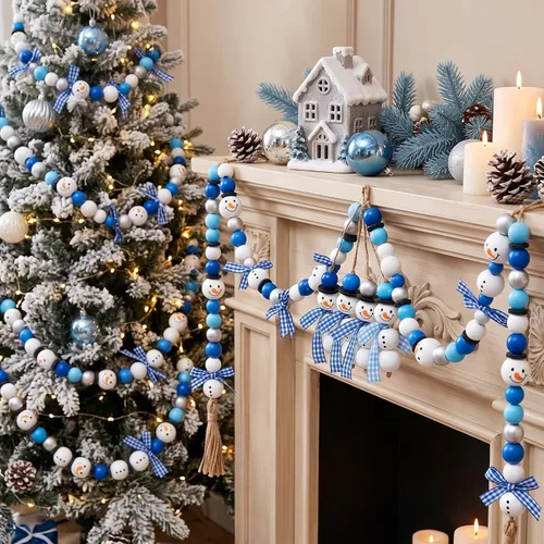 Vista 4 de Yulejo 180 Pcs Christmas Snowman Wooden Plaid Bead Winter Xmas, Blue