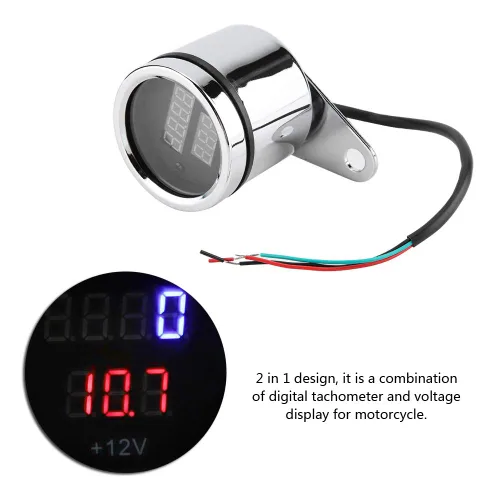 Vista 5 de Tacómetro electrónico, 2 en 1 motocicleta LED digital voltímetro tacómetro medidor de metal odómetro velocímetro