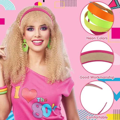 Vista 5 de 4 diademas de neón, accesorios antideslizantes para el cabello para fiestas brillantes, estilo retro de los años 8090, trajes de festival