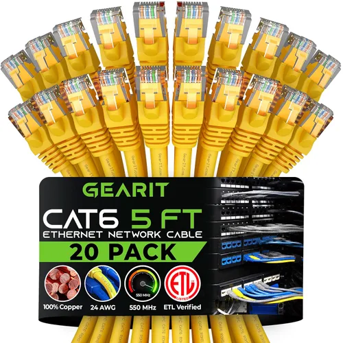 Vista 52 de GEARit Paquete de Cables Ethernet Cat 6 - Paquete de 20 Cables de Conexión Ethernet Cat6 de 1 pie Cable de Conexión de Red RJ45, Conectores