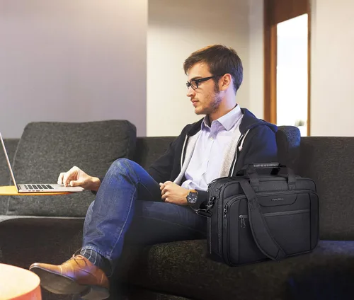 Vista 2 de KROSER - Bolso de hombro para laptop expandible, maletín para laptop hasta 17.3 pulgadas, repelente al agua, bolsa estilo bandolera para computadora