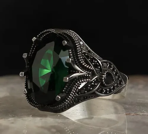 Vista 2 de Zircon Ring-925k Unisex Silver Jewelry-Vintage Gemstone Ring-Gift for Him and Her-925k Turkish Handmade Sterling Silver Green Ring