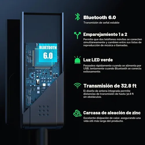 Vista 3 de Adaptador Bluetooth 6.0 a auxiliar para automóvil o amplificador, receptor Micrófono integrado, compatible con altavoz con cable, automóvil
