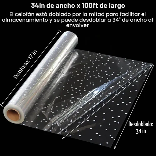 Vista 2 de Rollo de celofán transparente extra ancho de 100 pies x 34 pulgadas con punto blanco irregular, rollo de celofán más grueso transparente, cestas