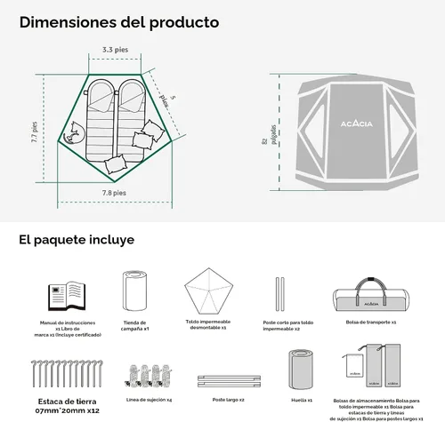 Vista 3 de ACACIA - Tienda de campaña para acampar, tienda desplegable con 8 ventanas y estera, tienda central impermeable y resistente al viento, fácil