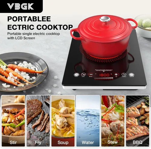 Vista 4 de VBGK - Cocina eléctrica de un solo quemador, estufa eléctrica de 110 V y 1800 W con control táctil LED, quemador eléctrico único de 9 niveles