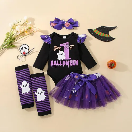 Vista 2 de DOMOABEI My First Halloween - Conjunto de bebé niña recién nacida falda calabaza mameluco 0-18 meses Púrpura