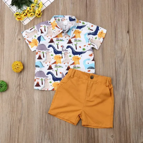 Vista 27 de Conjunto de camisa de manga corta con botones y pantalones cortos casuales con diseño de flamingo, para bebés y niños de 1 a 6 años, atuendos