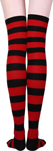 Vista 7 de Aneco 4 pares de calcetines de rayas altas por encima de la rodilla, accesorios de Halloween, cosplay, calcetines altos para adultos, mujeres y niñas