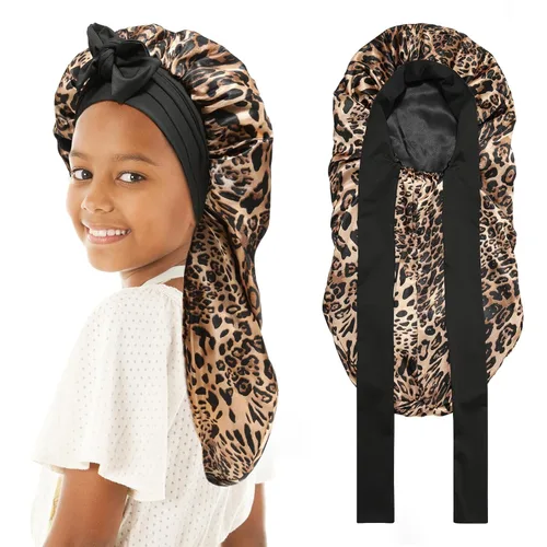 Vista 15 de Gorro de pelo largo para niños para dormir - Gorro de satén elástico de doble capa para niñas con banda de amarre para cabello trenzado y rizado