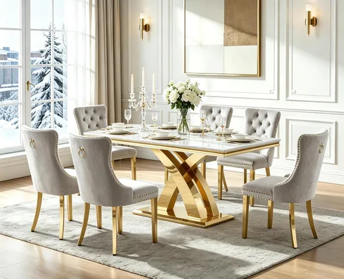 Vista 14 de Henf Mesa de comedor de mármol sintético de 68 pulgadas para 4-6 personas, mesa rectangular moderna con parte superior de mármol blanco y base