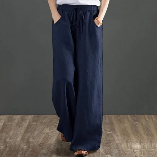 Vista 2 de Pantalones de lino para mujer, trajes de verano para mujer, estilo casual, pierna ancha, pantalones palazzo, cintura alta, pantalones fruncidos