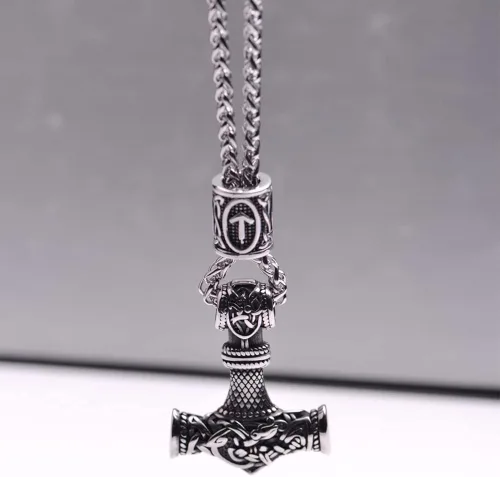 Vista 3 de LANGHONG Collar de martillo de Thor vikingo nórdico collar Mjolnir para hombre joyería de talismán
