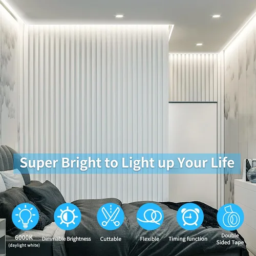 Vista 6 de Tira de luces LED COB de 32.8 pies, CC 24 V, regulable, 6000 K, luz de cinta LED flexible blanca para dormitorio, con control remoto y aplicación