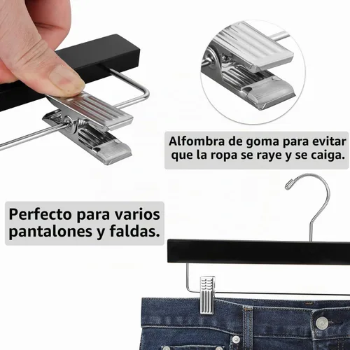 Vista 4 de AMKUFO 20 piezas de perchas de madera para pantalones, perchas sólidas para pantalones con clips ajustables de 14 pulgadas, perchas de madera negra