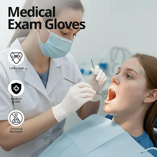Vista 2 de Guantes de examen desechables de nitrilo SwiftGrip, 3 mil, XS, Caja de 100, guantes de nitrilo blancos desechables libres de látex para uso médico