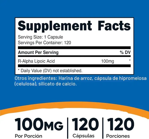 Vista 2 de Nutricost - Ácido R-alfa lipoico 100 mg, 120 cápsulas, cápsulas vegetales Sin OMG, sin gluten