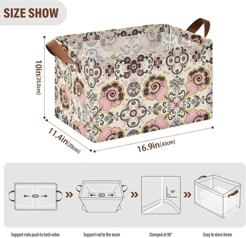 Vista 3 de Japanese Style Paisley Pink Flower Black Foldable Baskets Fabric Storage Bins with Handles Laundry Storage Bedroom Living Room for Makeup Books