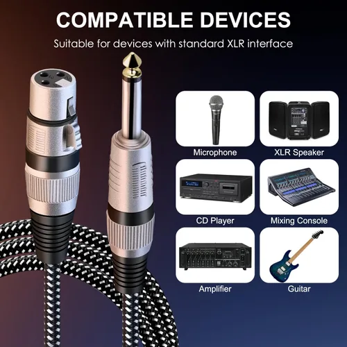 Vista 6 de Cable XLR hembra a 1/4 pulgada TS 3 pies, cable de micrófono de 3 pines XLR hembra de nailon trenzado a 6.35mm TS macho desequilibrado