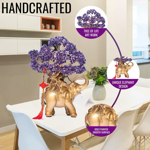 Vista 4 de Árbol de Dinero de Cristal de Amatista GEMBOURY en Estatua de Elefante Dorado, Bonsái Grande de 43 cm de Árbol de la Vida, Regalo de Decoración