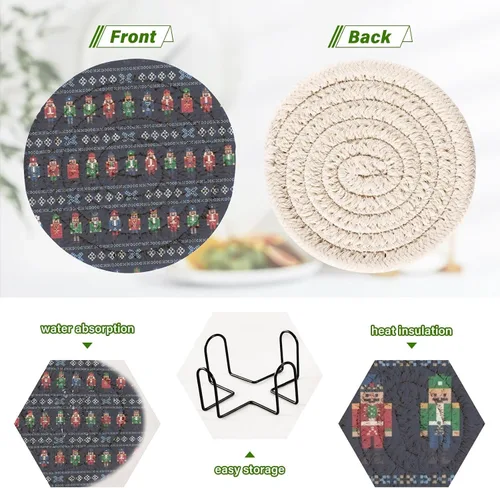 Vista 4 de 6 Pcs Drink Coasters with Holder Retro Nutcracker Snowflake Blue Coasters for Drinks Absorbent Woven Decorative Coaster for Kitchen Apartment Decor