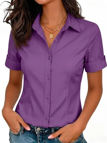 Vista 21 de siliteelon Camisas de vestir de manga corta con botones para mujer, camisas de algodón con botones para mujer, blusa ajustada de manga 3/4 Beige
