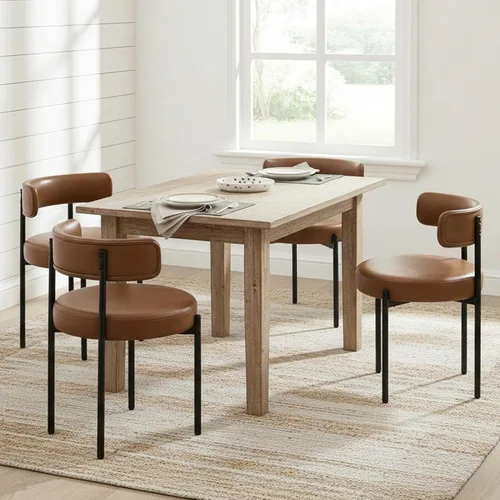 Vista 29 de Juego de 2 sillas de comedor Boucle, sillas de comedor beige con asiento tapizado y respaldo redondo, sillas de cocina modernas de mediados de siglo