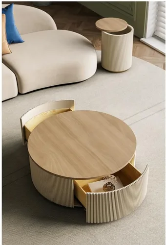 Vista 2 de SYALEO Mesa de Centro - Mesa de centro redonda moderna con almacenamiento y cajones, mesa de cóctel minimalista creativa de madera maciza, mesa