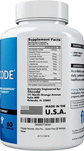 Vista 3 de fitcode Flexcode Ultra Premium - Soporte para articulaciones, glucosamina, cúrcuma, MSM, condroitina, ácido hialurónico, sin gluten, para hombres