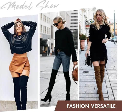 Vista 2 de Vepose Botas de gamuza 991 para mujer, por encima de la rodilla, veganas, 3.03 pulgadas, tacones gruesos, cremallera lateral, zapatos de apertura