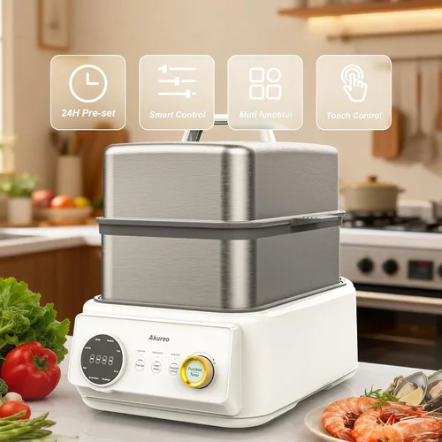Vista 4 de Vaporizador de 10 L + olla de cocción de 4.5 L, vaporizador eléctrico de alimentos para 4 a 6 porciones, vapor vegetal, función de mantenimiento