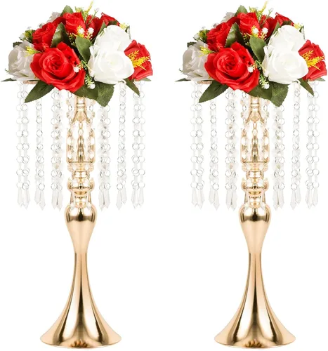 Vista 13 de Centros de mesa de boda para mesas, 21.3 pulgadas, 2 jarrones de metal dorado con cristal Soporte de flores para centros de mesa de boda