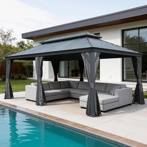 Vista 29 de Domi - Cenador de techo rígido de 8 x 8 pies con malla y cortinas, cenador para exteriores con techo doble de acero galvanizado para patio, césped
