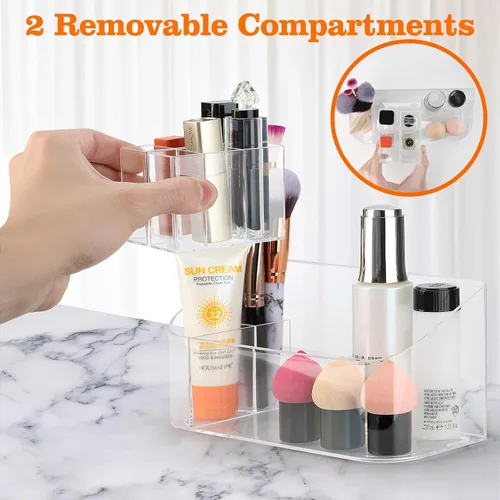 Vista 3 de Bandeja organizadora de maquillaje transparente, vitrina de cosméticos, pequeño organizador de maquillaje para tocador, baño, encimera, encimera