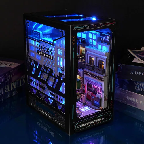 Vista 7 de Decoración de estantería de estantería de casa de muñecas DIY, kit de rincón de libros, rompecabezas de madera 3D con iluminación LED, estante