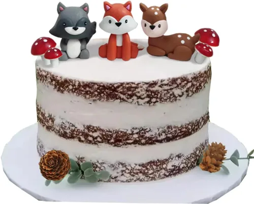 Vista 5 de Decoración para pastel de bosque con zorro mapache ciervo, piña, conos de pino y hongo para cumpleaños de baby shower
