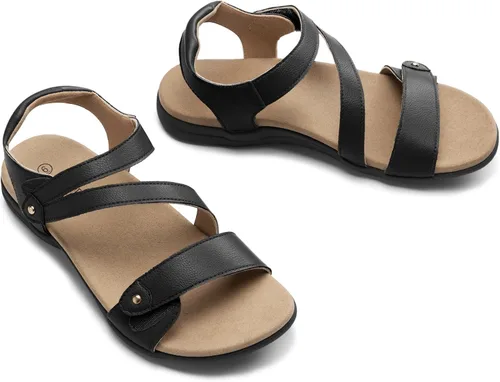 Vista 6 de Rihero Sandalias ortopédicas para mujer, con soporte de arco, cómodas sandalias planas con correa ajustable para caminar en la playa en verano