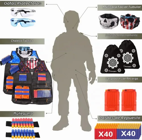 Vista 3 de 2 juegos de chaleco táctico Exsport, 2 chaquetas tácticas de élite para pistola Pack N-Strike 2 manos de muñeca, 2 clips de recarga rápida, 2
