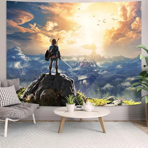 Vista 2 de kampdream Tapiz de videojuegos de anime, paisaje de cielo y montaña, para niños, hombres, dormitorio, sala de estar, 36 x 48 pulgadas