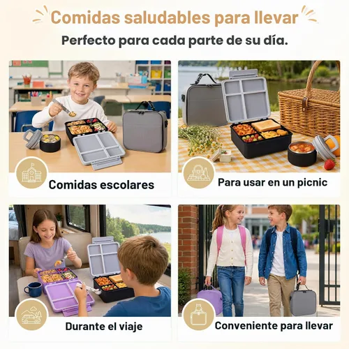 Vista 8 de Lonchera Bento con termo de sopa de 8 onzas, a prueba de fugas, 4 compartimentos, para niños, con taza de salsa y bolsa de hielo, tarro de comida