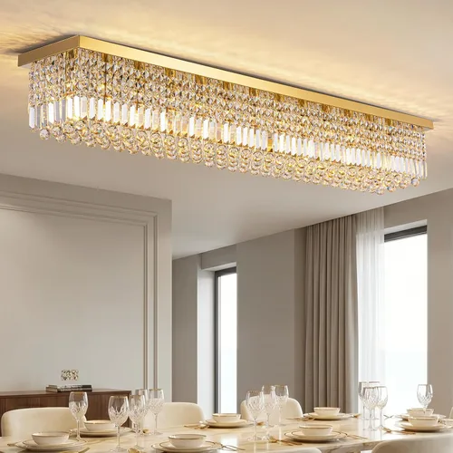 Vista 15 de Siljoy Candelabro de Cristal Moderno de 6 Luces Rectangular Dorado K9 Candelabro de Cristal en Forma de Gota de Lluvia para Comedor, Lámpara