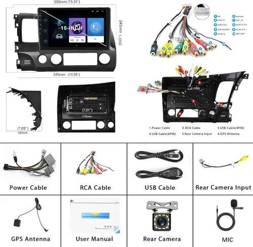 Vista 8 de [4G+64G] for Honda Civic 2006-2011 Android Car Stereo Cámara trasera inalámbrica CarPlay Android Auto, 10.1 pulgadas Android 15 IPS pantalla táctil