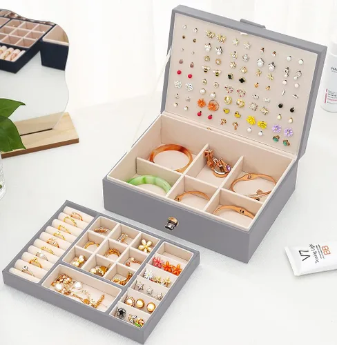 Vista 2 de QBestry Organizador de aretes de tuerca para mujeres y niñas caja de joyería gris para aretes collar organizador de joyas caja de aretes para mujer