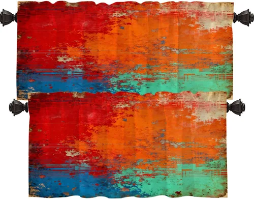 Vista 96 de Shrahala Beige and Orange Abstract Art Brushstrokes Blackout Curtain Tiers, Abstract Oil Paint Kitchen Valance Light Blocking Tier Drapes with Rod